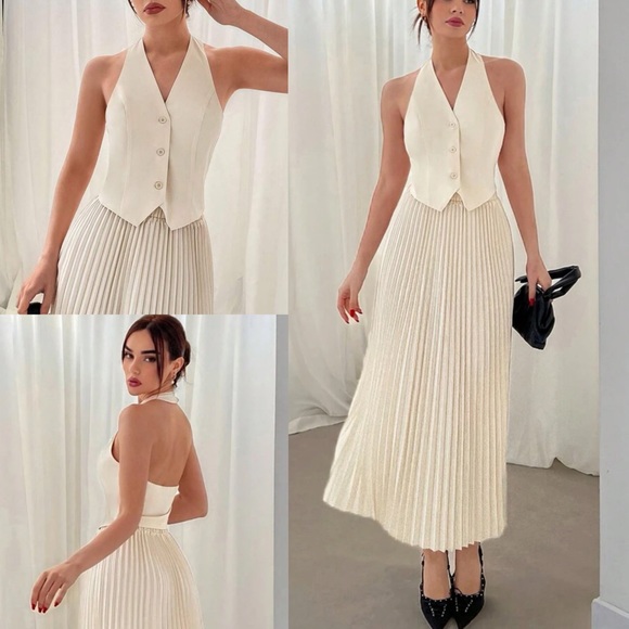 Dresses & Skirts - Matching 2 piece co-ord set - Ivory/cream Halter top vest & pleated midi skirt